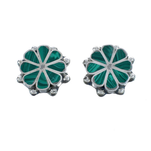 Zuni Malachite Inlay Flower Sterling Silver Post Stud Earrings JX122289
